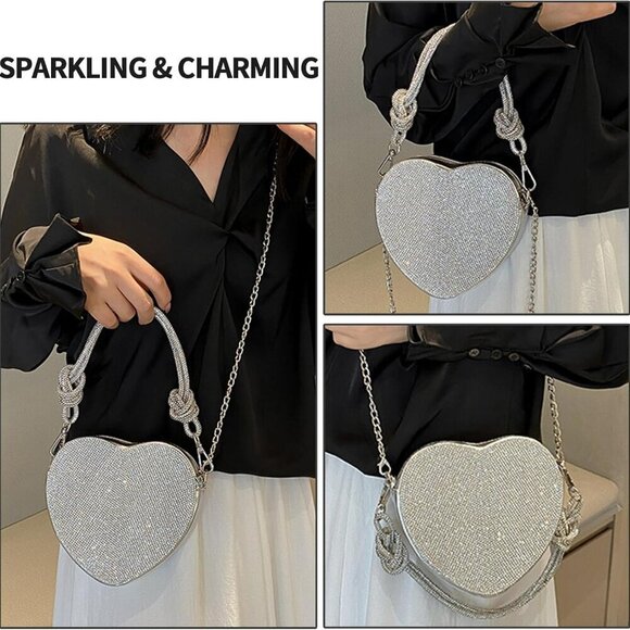 Women Evening Bag Silver Heart-Shaped Purse Crossbody Clutch Small - Picture 6 of 7